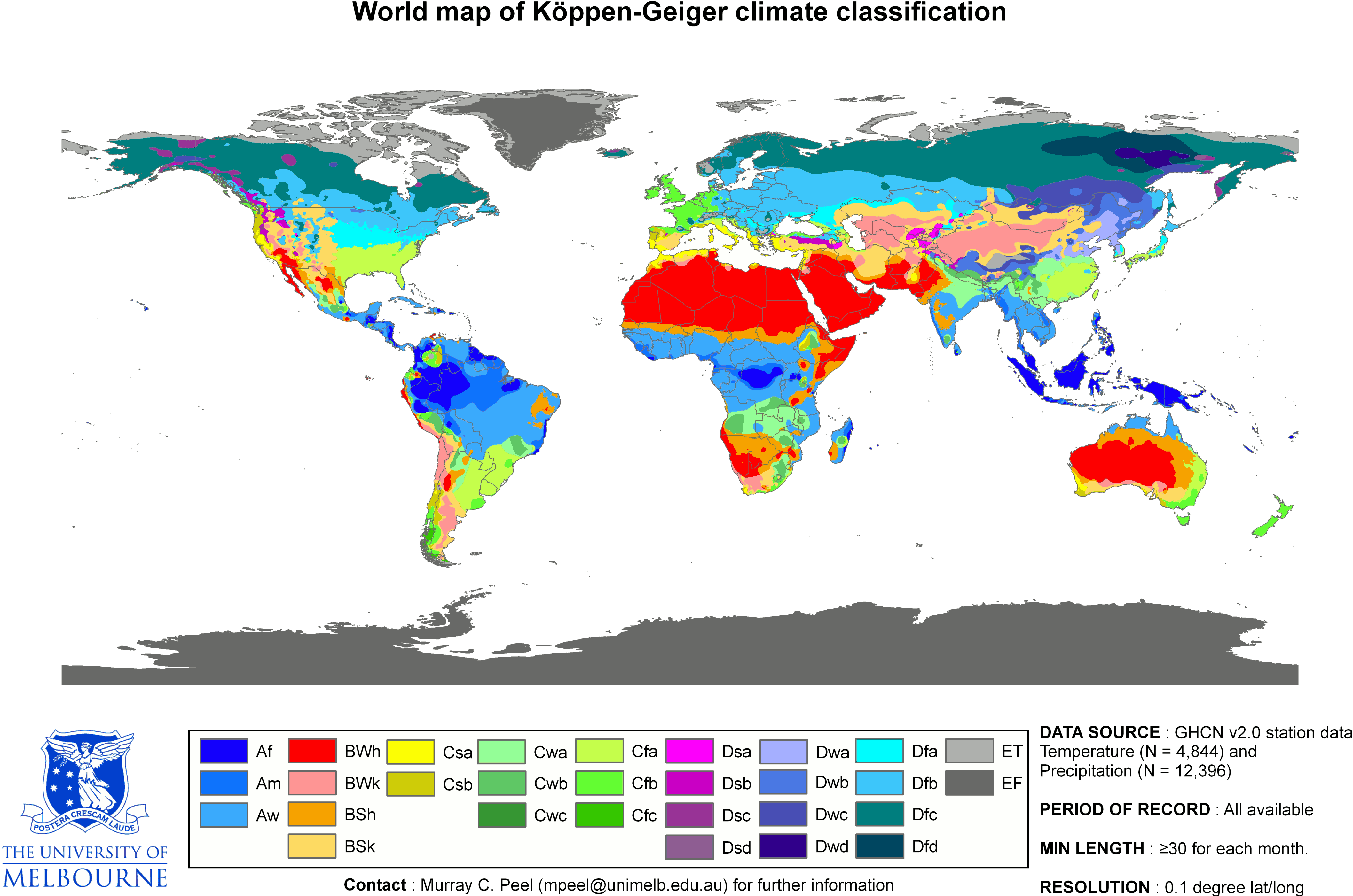 Köppenova mapa klimatických typů světa s vyznačením středomořských oblastí typu Cs